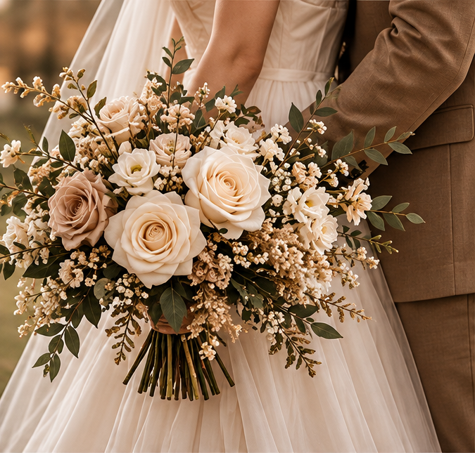 Detalle romántico de pareja con ramo de novia